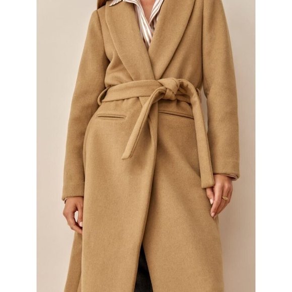 REFORMATION Greenwich Coat Camel L Wool Blend Tan Belted Coat - Picture 2 of 9